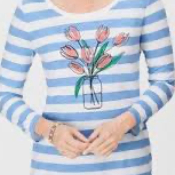 Talbots Blue and White Long Sleeve Tee with Botanical Print - Picture 7 of 7